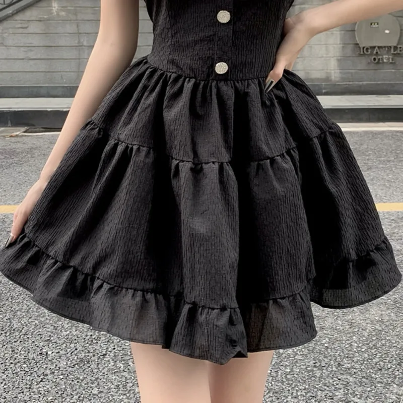 

Black Summer A-line Dresses Sexy Backless Vestido De Mujer Slim Button Chic Ruffle Spaghetti Strap Diamonds Short Women Robe New