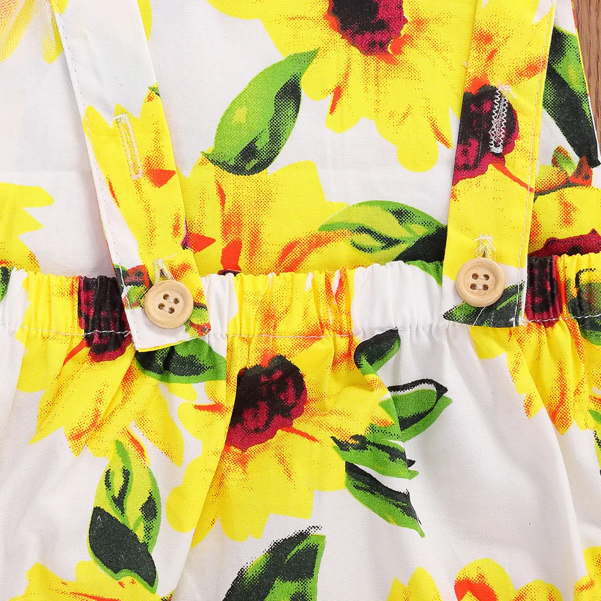 

2020 New Toddler Girls Sunflower Print Romper Lace Flying Sleeve Square Collar Jumpsuit Tops + Headband Set 0-24M Baby Clothing