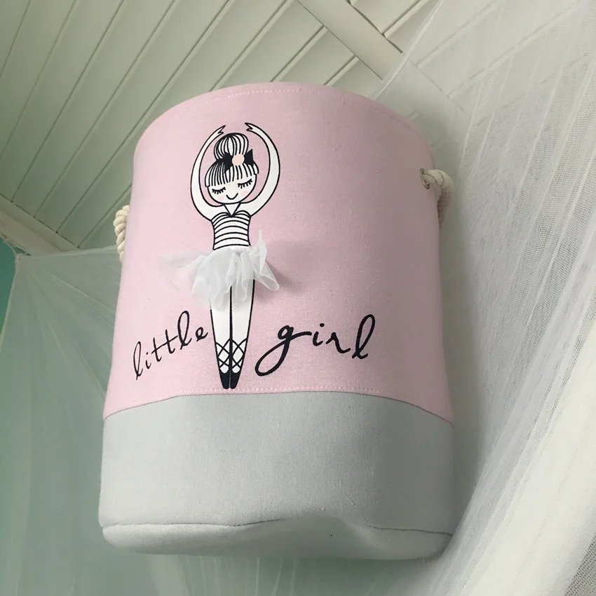 

Toy Storage Basket Dirty Clothes Pink Laundry Buckets Shoes Ballet Girl Bow Print Organizer Household Storage Bags