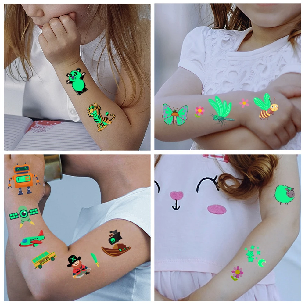 

28 Kinds Disposable Temporary Tattoos Luminous Child Cute Car Animal Sticker Waterproof Fake Tattoo Glow Sticker Makeup Supplies