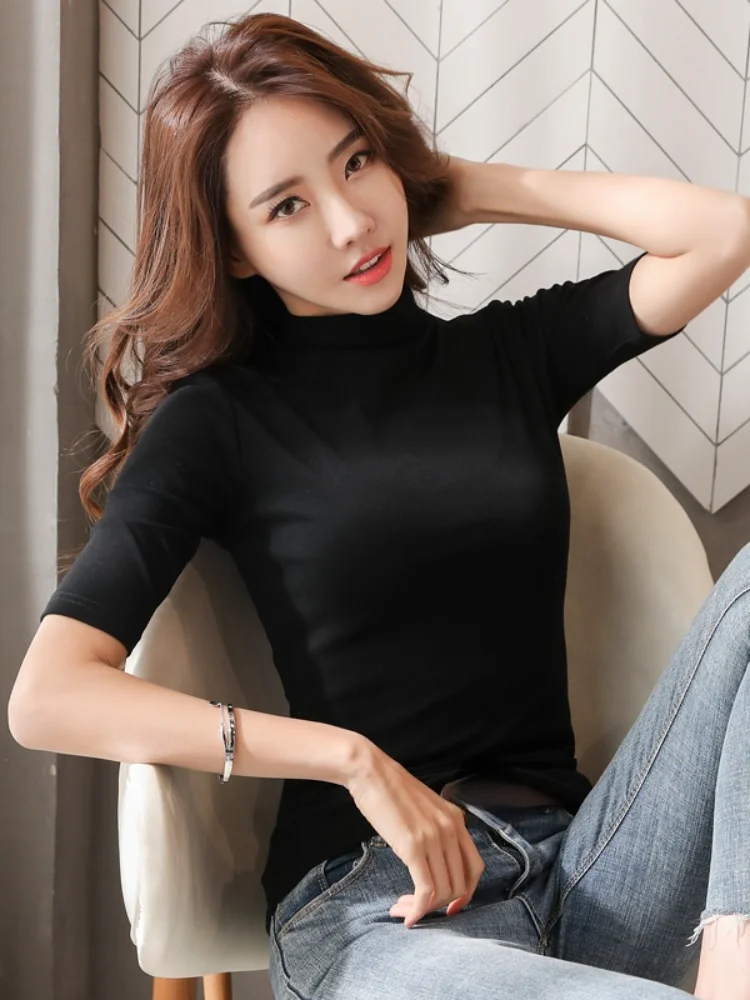 Водолазка женские футболки 2021 Лето Новые однотонные тонкие сексуальные с