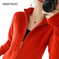 zipper knitted sweater cardigan women stand up collar loose cable solid knit sweater jacket female student tops autumn red pink