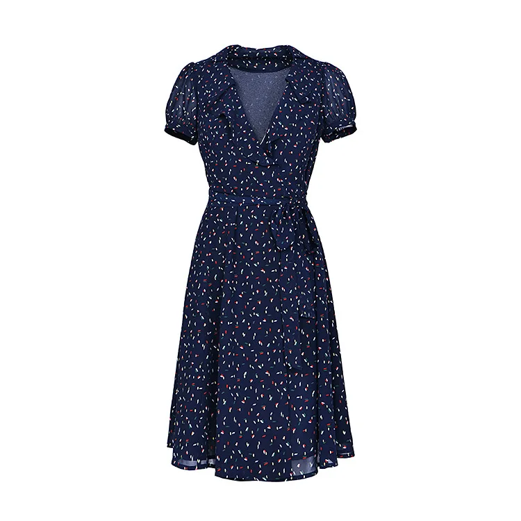 

Women Ruffles Vintage Mini Dress Short Puff Sleeve Wrap V-neck Printing Lace-up Waist Holiday Style Spring Summer Dress