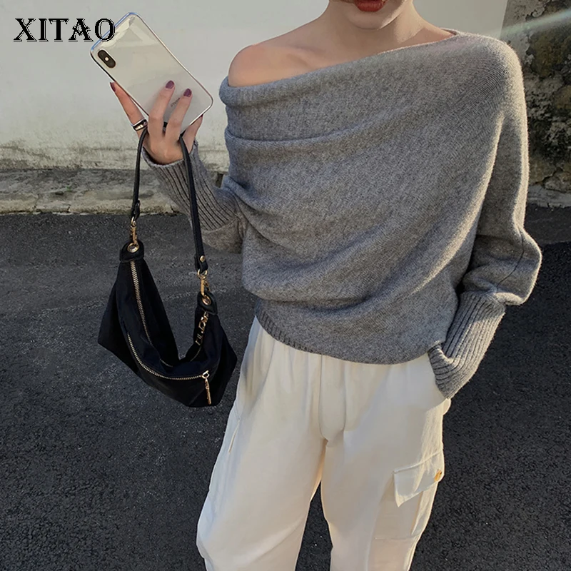 

XITAO Loose Slash Neck Sexy Sweater Women 2020 Autumn Tide Fashion New Style Pullover Solid Color Long Sleeve Casual Top ZP2304