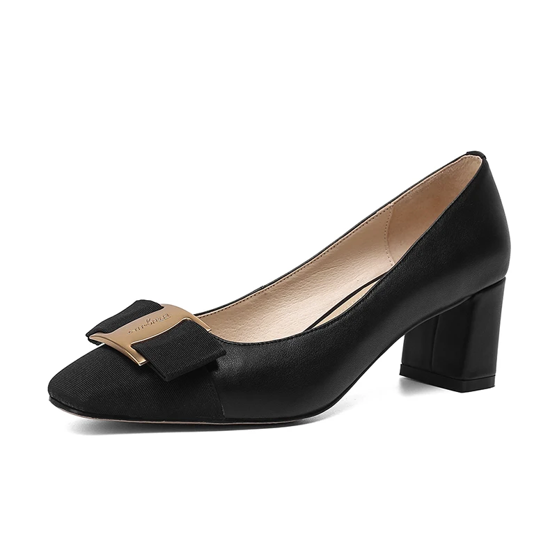 

Women pumps Genuine Leather Mix-color Shoes Designer Sweet Bow Knot Block Heels Square Toe Office Party Pumps Black Beige Nude