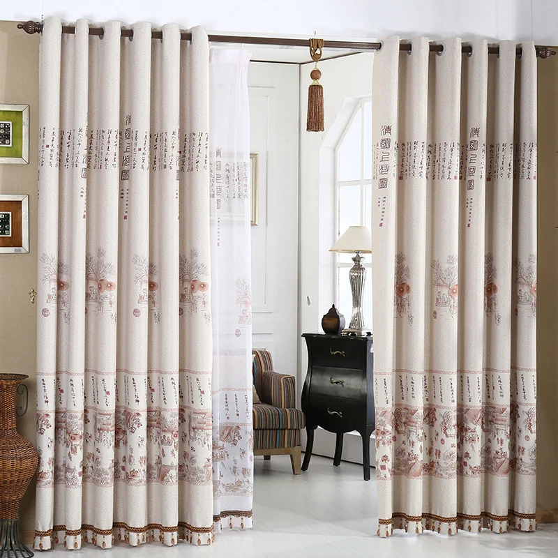 Curtain color2 Qingming Shanghe, китайские затемненные занавески на окно с чернильной краской для гостиной, занавески для спальни, занавески для Кабинета - Цвет: Curtain color2
