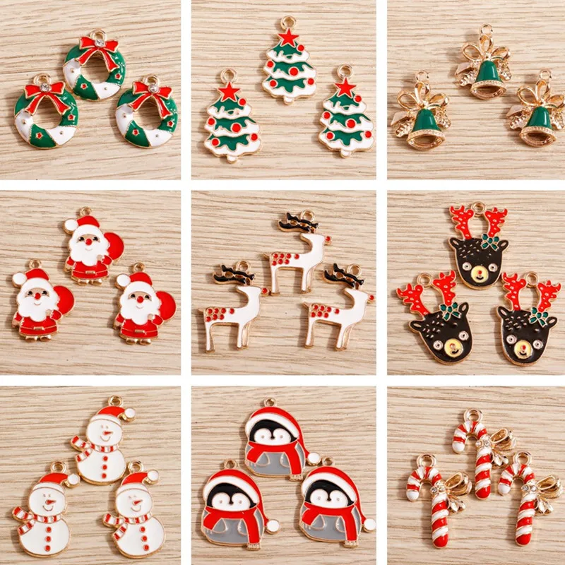 

10pcs/lot Enamel Animal Charms for Jewelry Making Santa Claus Tree Deer Bell Glove Charms Pendant for Necklaces Earrings Gift