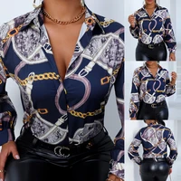 2022 new design plus size women blouse turn down collar long sleeve chains print loose casual shirts womens tops and blouses d25