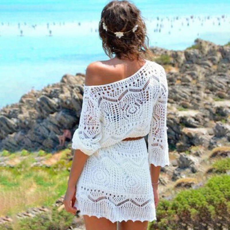 

Beach Mini Dress Sexy Lace Hollow Knit Crochet Beach Dress Swimwear Round Neck White Women Dress