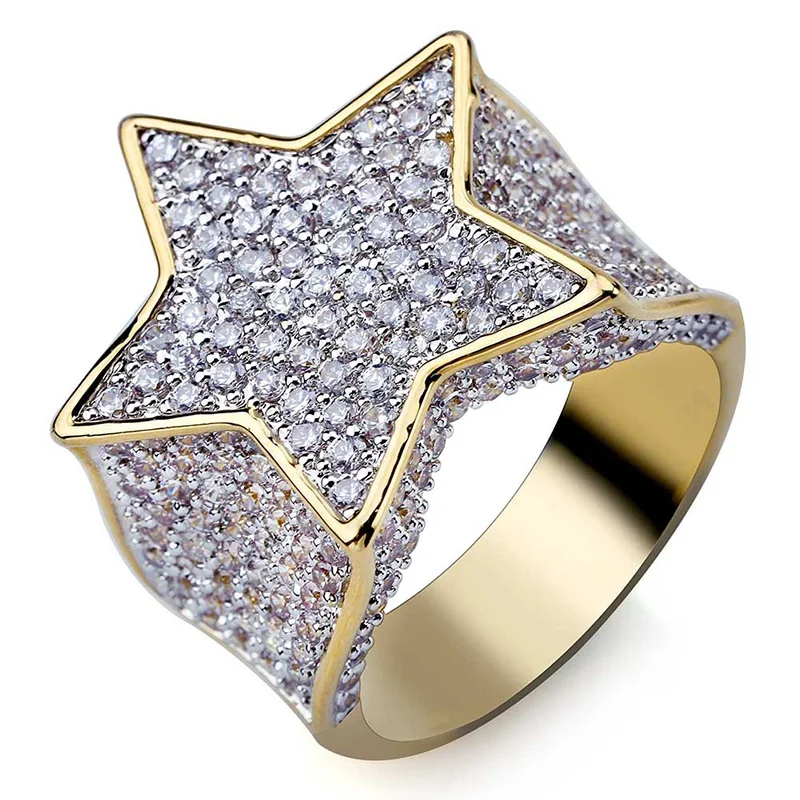 

Hip Hop Micro Pave AAA Cubic Zirconia Bling Iced Out Pentagon Five Pointed Star Rings for Women Men Rapper Jewelry Gold Color