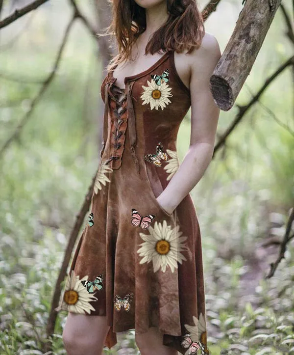 

Indie Folk Vintage Sunflower Butterfly Print Dress Women Party Slim Strap Plus Size Summer Bandage Irregular Midi Dress Vestido