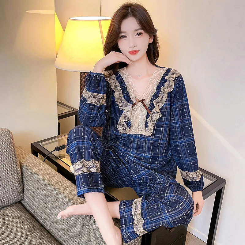 

Loungewear Plaid Sleepwear For Lady Rayon Pajamas Sets 2PCS Shirt&Pants Casual Nightwear Spring New Homewear Lace Lingerie