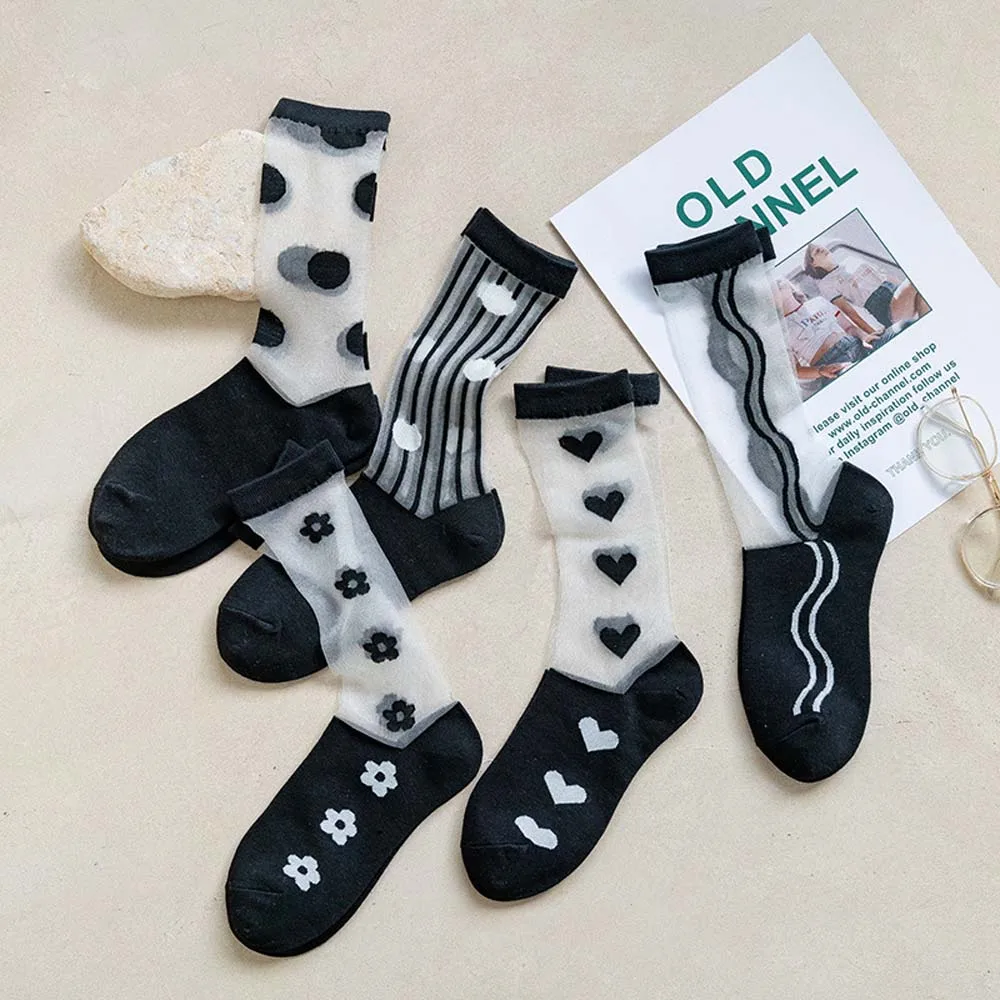 

Socks Female Japanese Black Love Heart Stripe Glass Silk Ladies Tube Socks Girl Cotton Socks