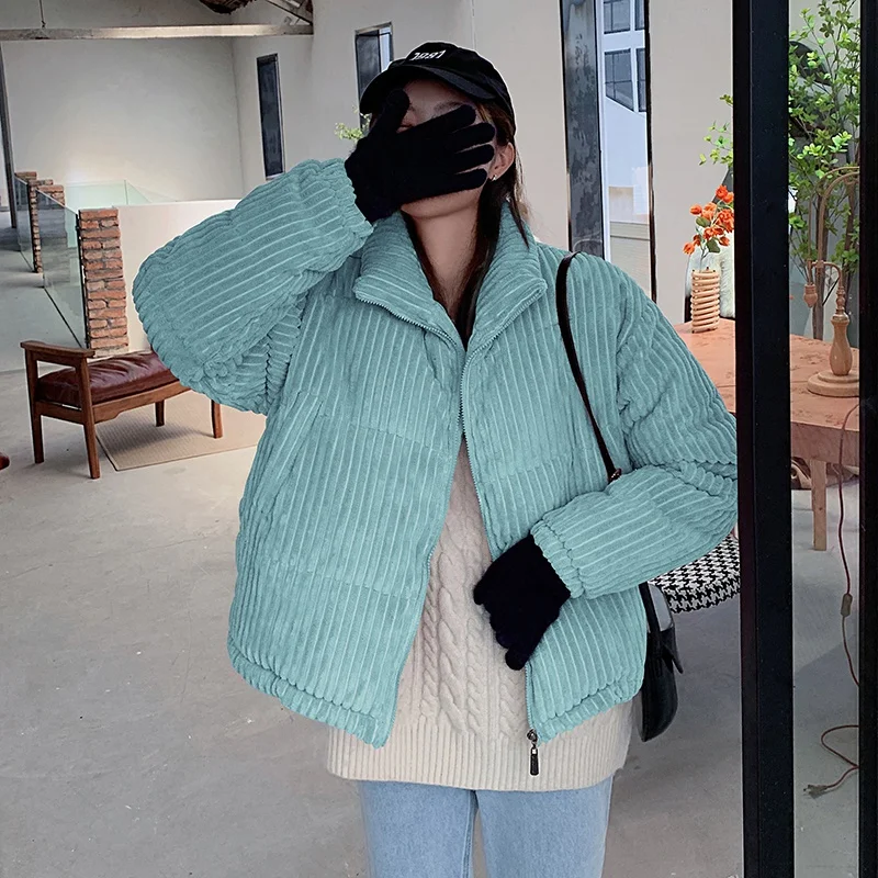 

Women Parkas Korean Chic Autumn Winter Versatile Pink Stand Collar Loose Stripe Corduroy Cotton Short Jacket Coat Femme