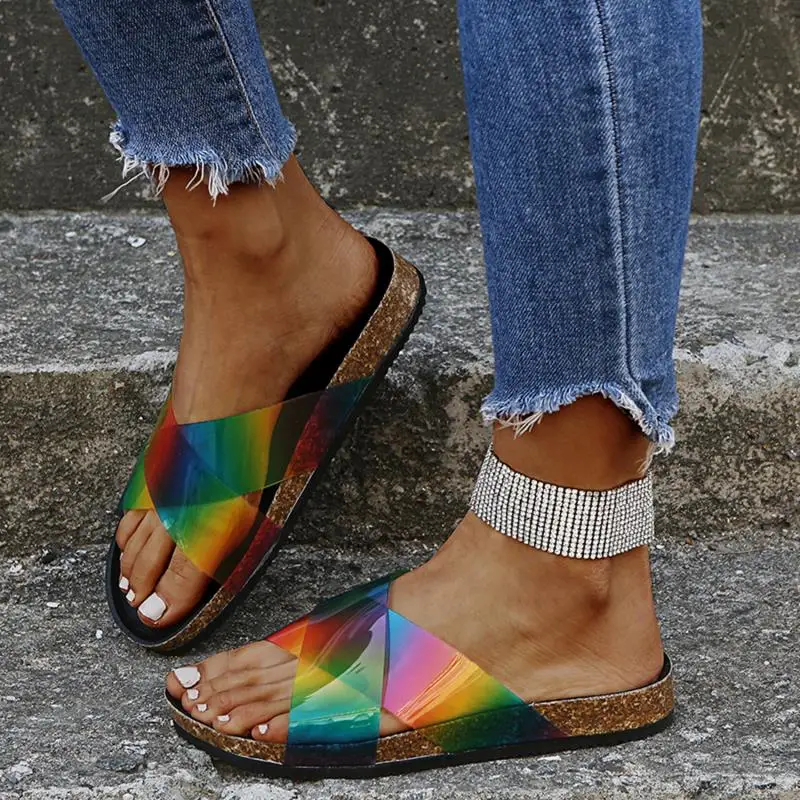 

Summer Slippers Women's Rainbow Color Cow Print Slippers Flat Open Toe Sandals Plus Size Beach Slippers Outdoor Indoor Slippers