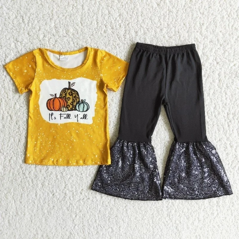 

Wholesale Baby Girl Thanksgiving Clothes Pumpkin Yellow Shirt Black Sequins Bell-bottomed Pants Infant Outfit Children Clothing