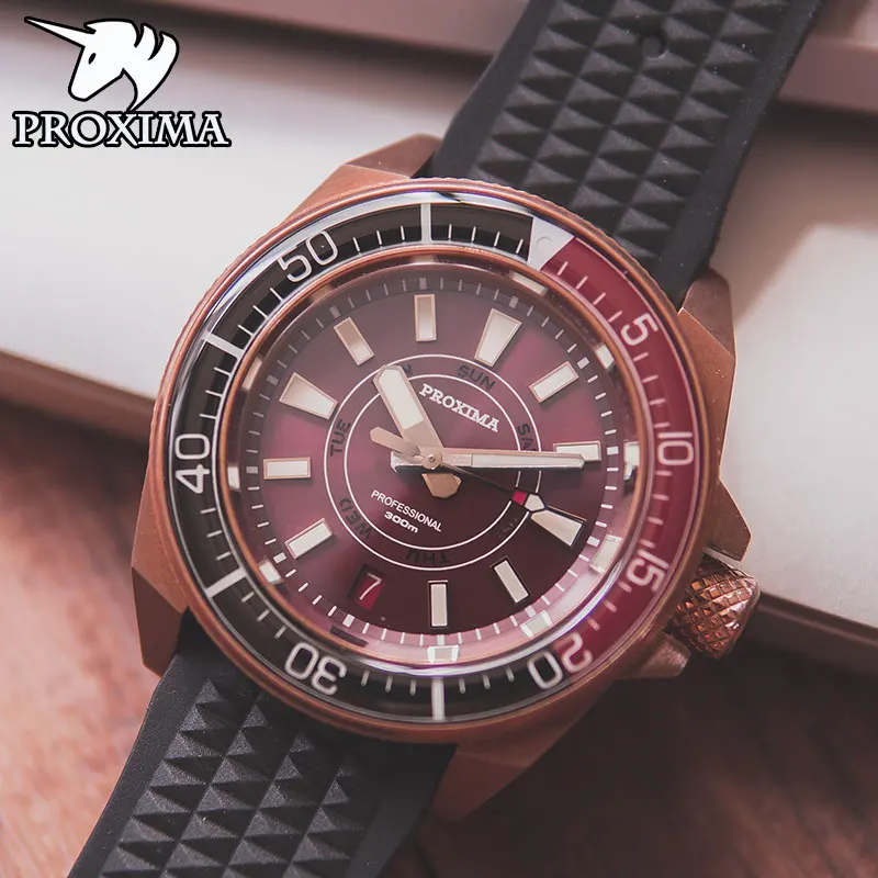 

Proxima 2021 Новый Для мужчин Бронзовый часы Diver NH36 вращающийся ободок каучуковый ремешок Для мужчин Мужские Автоматические Механические Сапфир ...