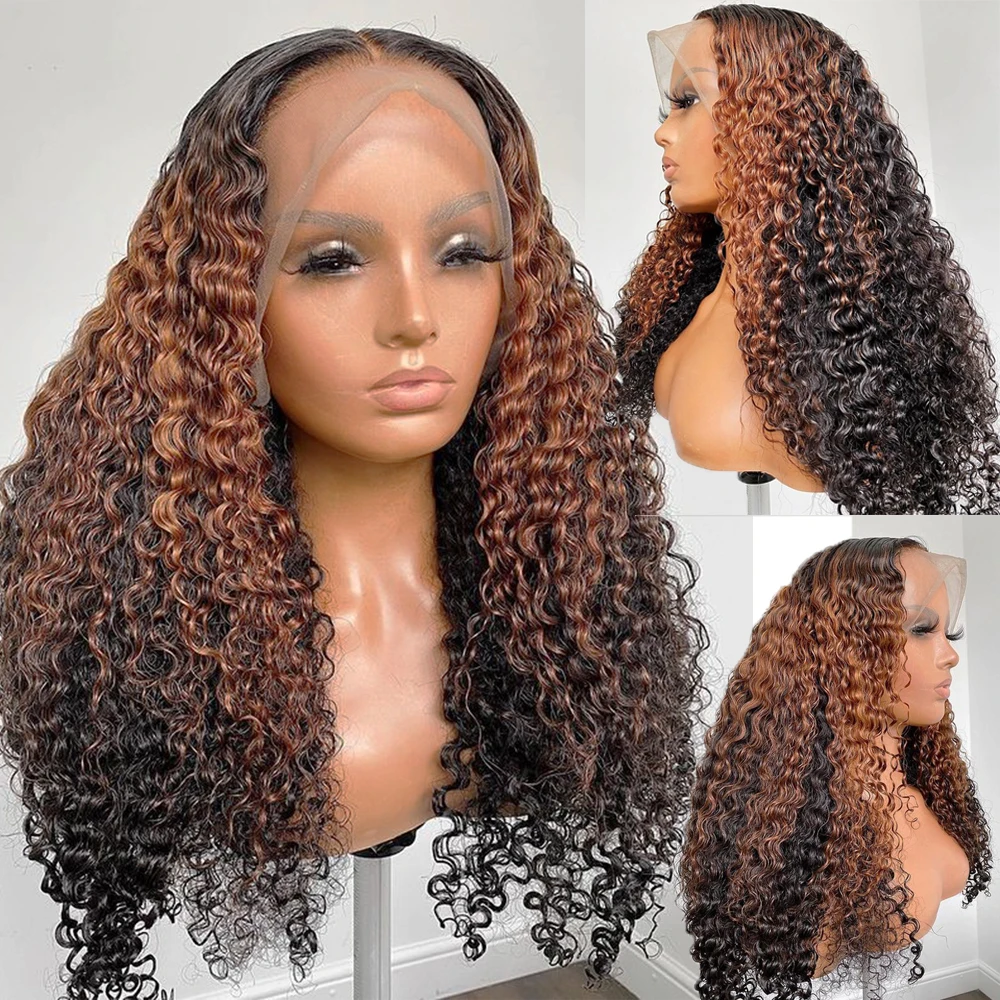 Highlight Colored Curly Human Hair Wigs Ombre Brown Deep Curly Lace Front Wig Brazilian Frontal  4x4 Lace Closure Wigs for Women