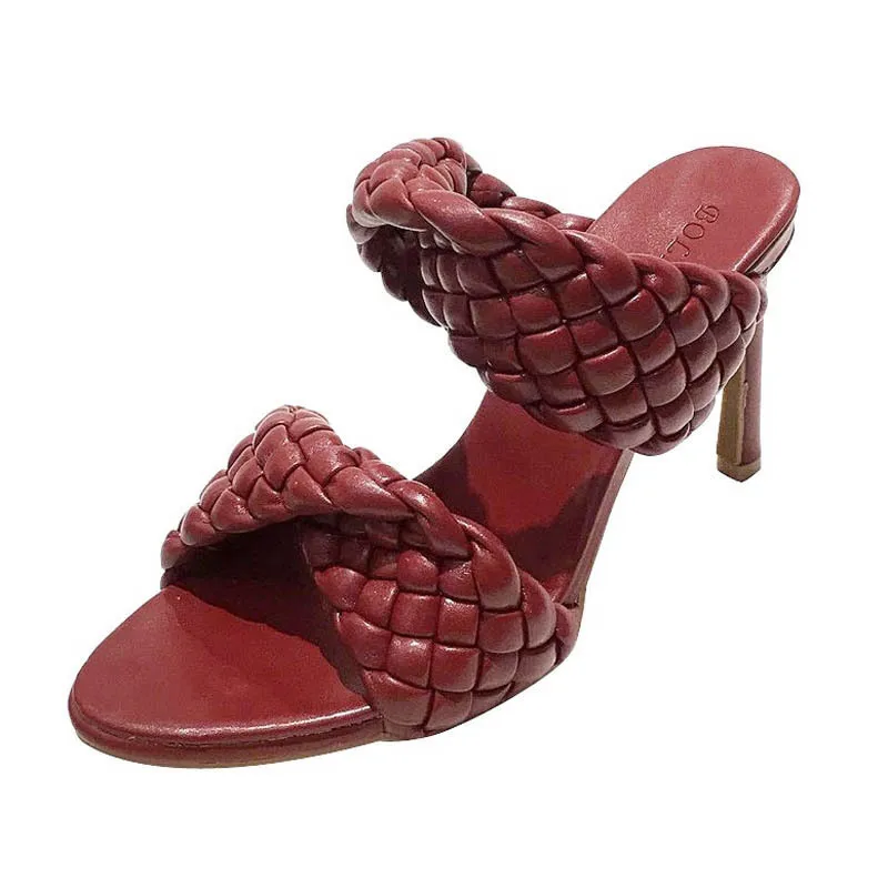 

2021 summer new fashion new woven one line thin heel high heel large size sandals for women