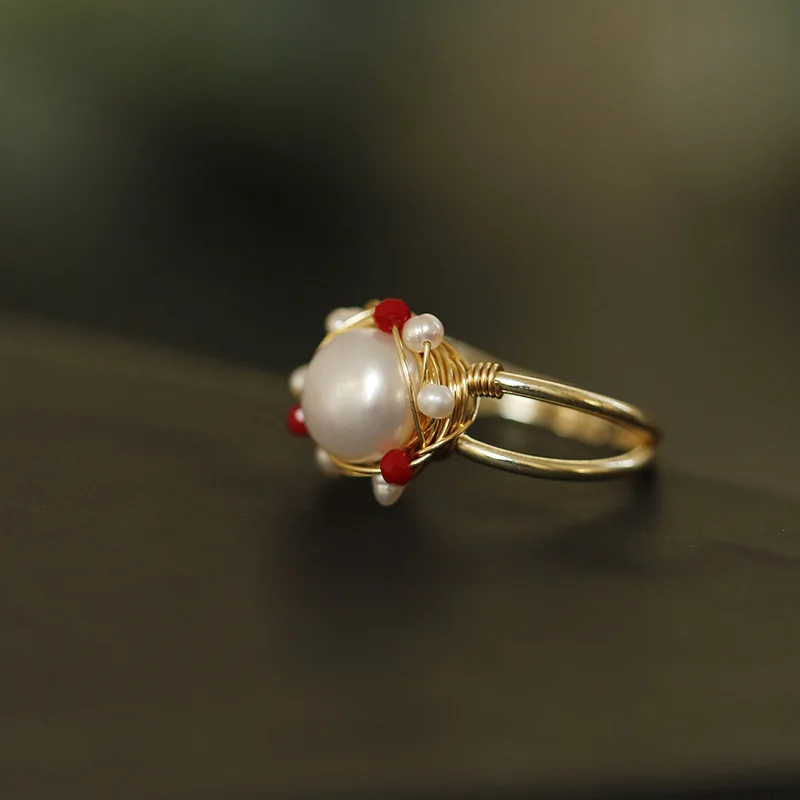 

Handmade Weave Flower Adjustable Finger Ring for Women Vintage Freshwater Pearl Wedding Engagement Rings Fashion Jewelry JZ036