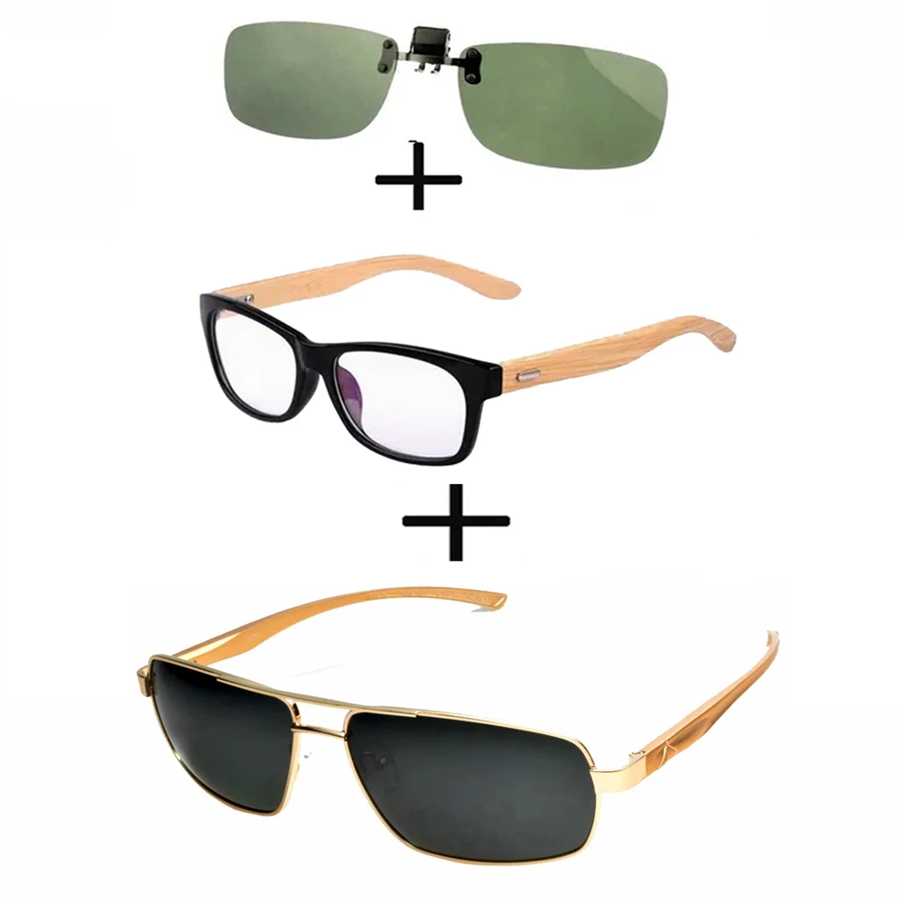 

3Pcs!!! Comfortable Wooden Squared Frame Reading Glasses for Men Women + Polarized Sunglasses Pilot Metal + Sunglasses Clip