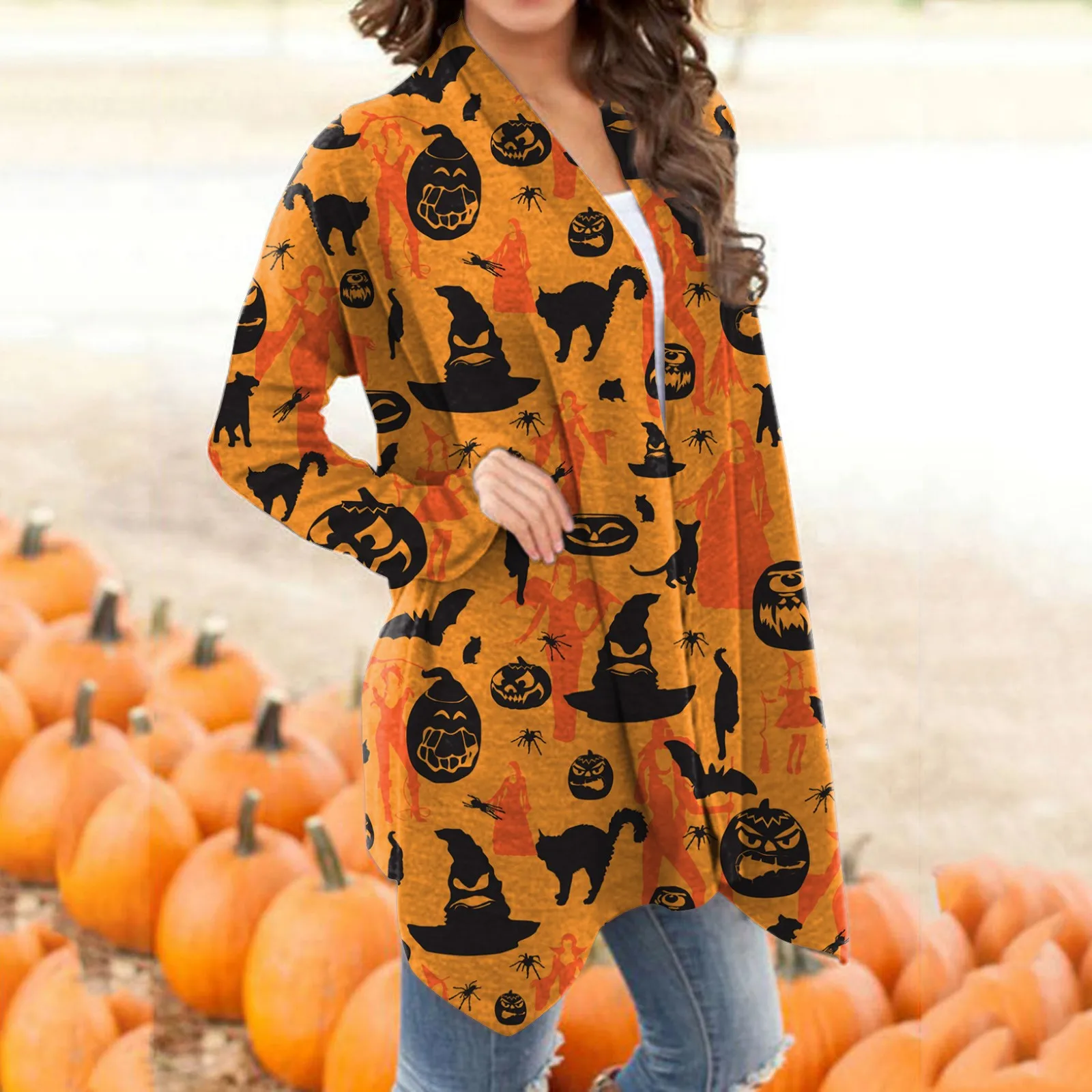 

women Coats Halloween Animal Pumpkin Print Overcoat Cardigan overcoat Female Long Sleeve oversize party Casual women's coat