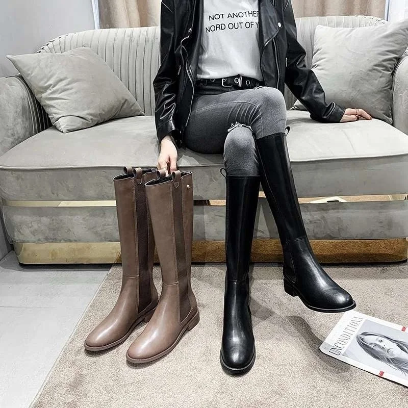 

Fall and winter new knee length boots thick heel low heel flat bottomed round head Chelsea high boots back zipper versatile
