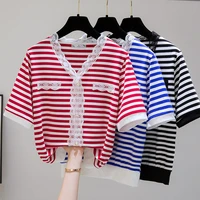 lace patchwork hollow out beading women t shirt summer v neck short sleeve tops casual spring flower pullover striped t shirts