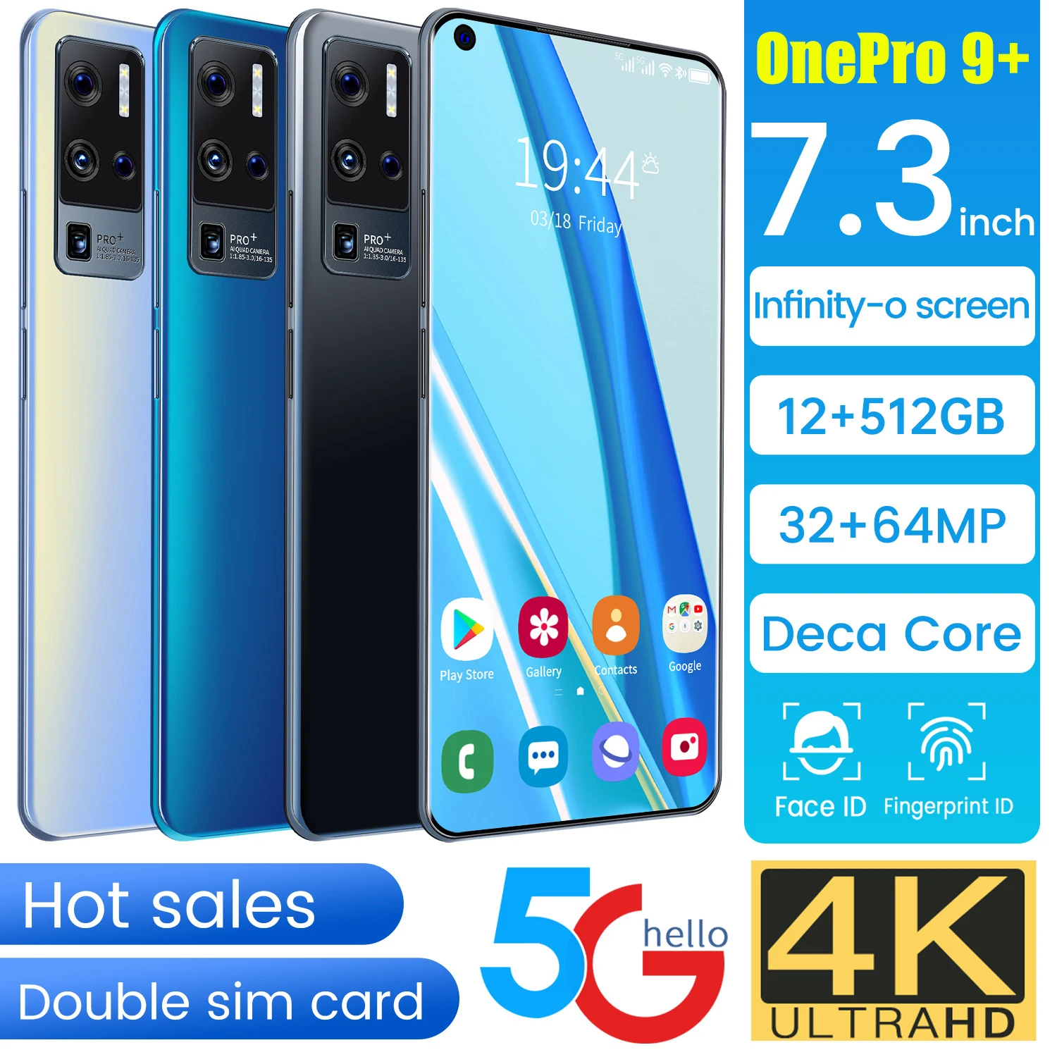 

Newest OnePro 9+ 7.3 Inch Smartphone Big Screen Fingerprint ID 12GB 512GB Celular Deca Core 6800mAh Andriod 11 MTK6893 Cellphone
