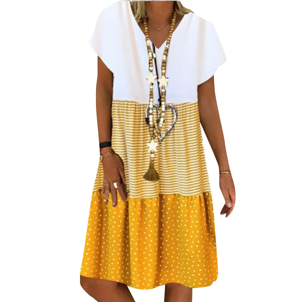 

Women's Summer Striped Print Casual Loose V- Neck Dress Summer Dots Dresses Fashion Vestidos Vintage Plus Size