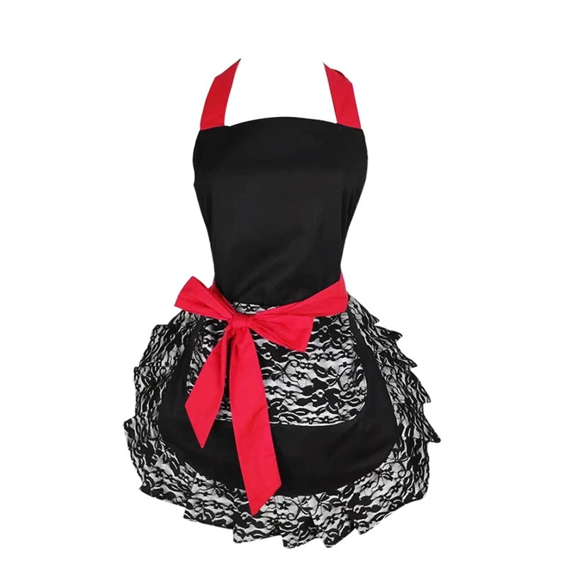 

Black Lace Flirty Apron with Pocket, Fun Retro Sexy Kitchen Cooking Pinup Aprons for Women Girls