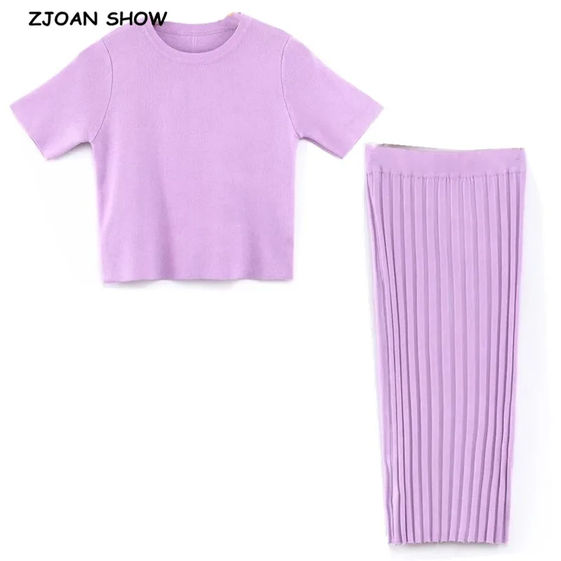 

2020 Summer Knitting Short Sleeve T-shirt Sexy Women Package hips Long Skirt Crop Top Short Pullover Tee Tops 2 Pieces Set