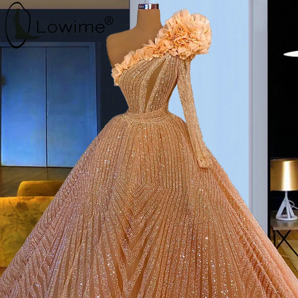 

Дубай Роскошные Тяжелые Бисер вечерние платья 2021 платье на одно плечо с длинными рукавами и оборками Пышное Платье трапециевидной формы вечерние платья под заказ сделано