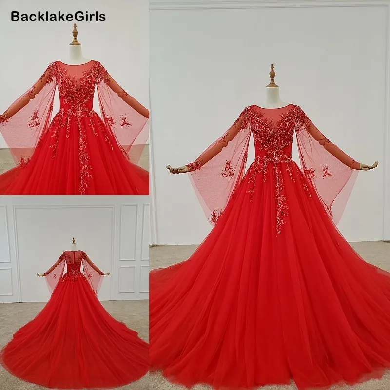 Арабское красное свадебное платье с круглым вырезом и длинным рукавом