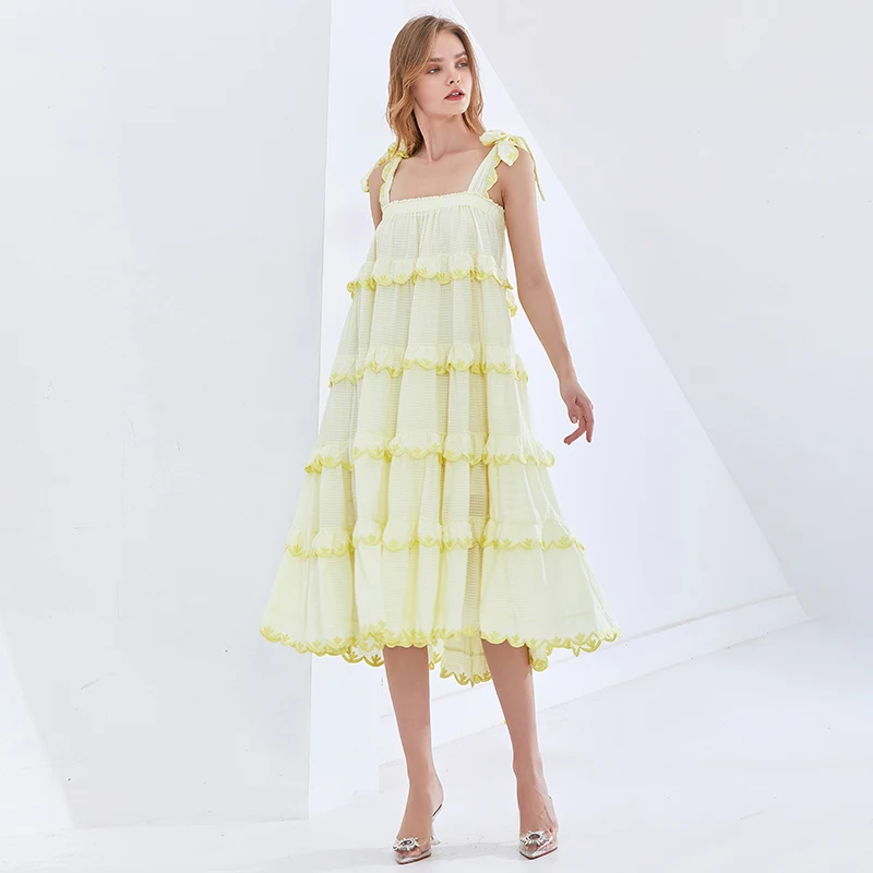 

VGH Elegant White Dress For Women Square Collar Sleeveless Lace Up Casual Dresses Female Fashion New Clothing 2021 Tide New
