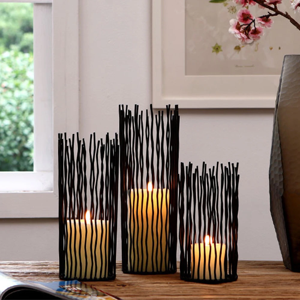 

Xms Black Morden Metal Hollow Out Metal Iron Candle Holder Cage Articles Candlestick Hanging Lantern Table Home Decor partyGifts