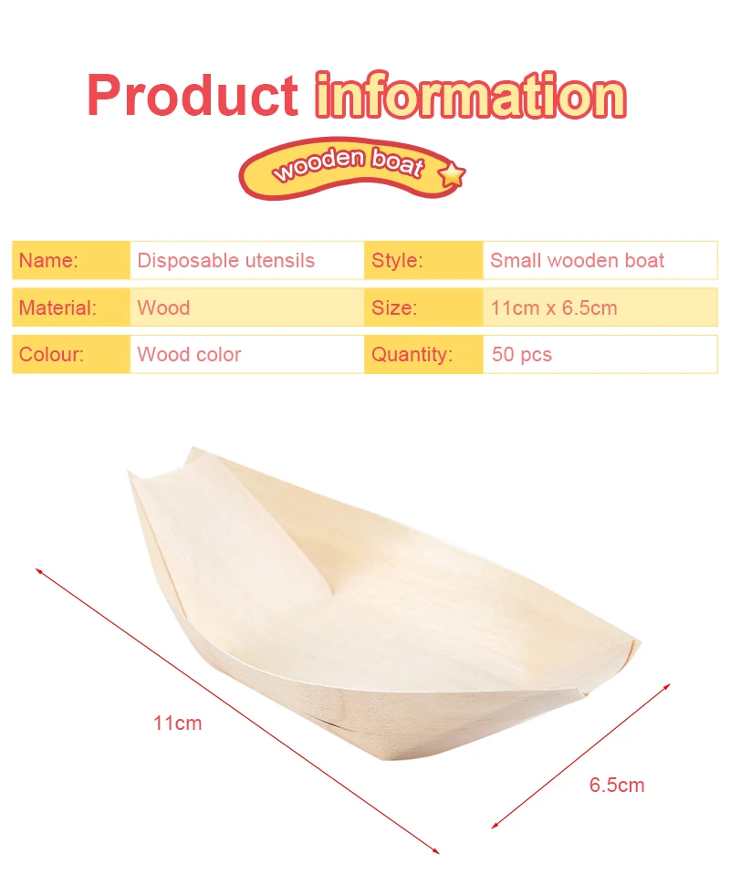 50x finger food- bowls, "boat" biodegradable wood cake tool bar accessory disposable party tableware