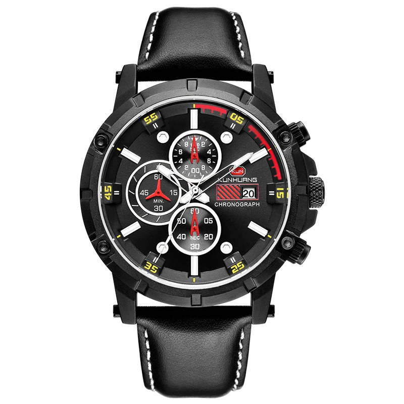 

KUNHUANG Fashion Men's Watch Top Brand Luxury Big Dial Military Men Watch Leather Waterproof Sport Chronograph Watch Men Clock