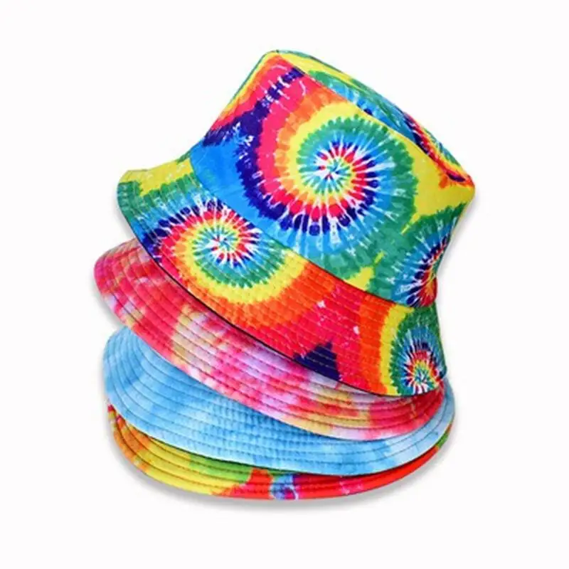 

2021 New Hot 1PC Tie Dye Bucket Hats Reversible Double-Side-Wear Hat Soft Print Packable Outdoor Sun Hat Fisherman Caps