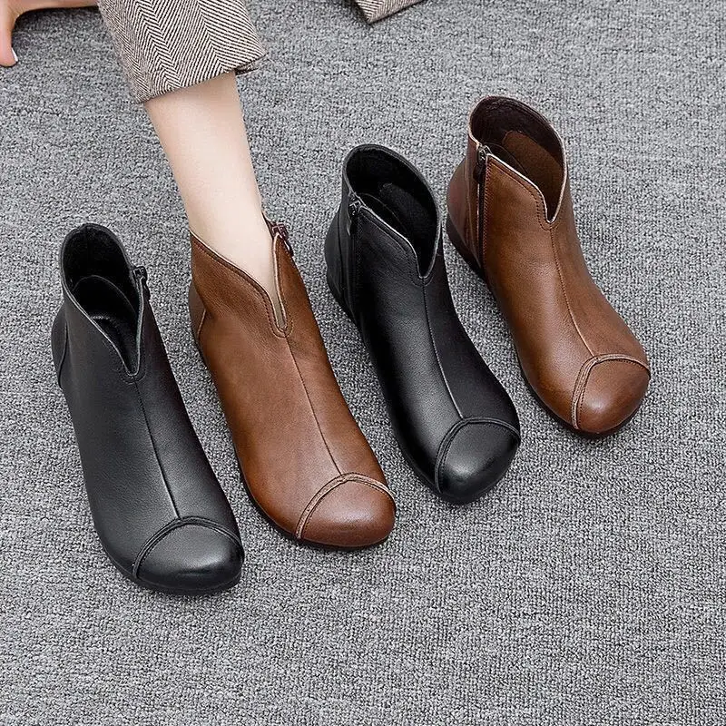 

Vintage Style Leather Women Boots Flat Booties Soft Cowhide Women's Shoes Front Zip Ankle Boots zapatos mujer boots women56gh