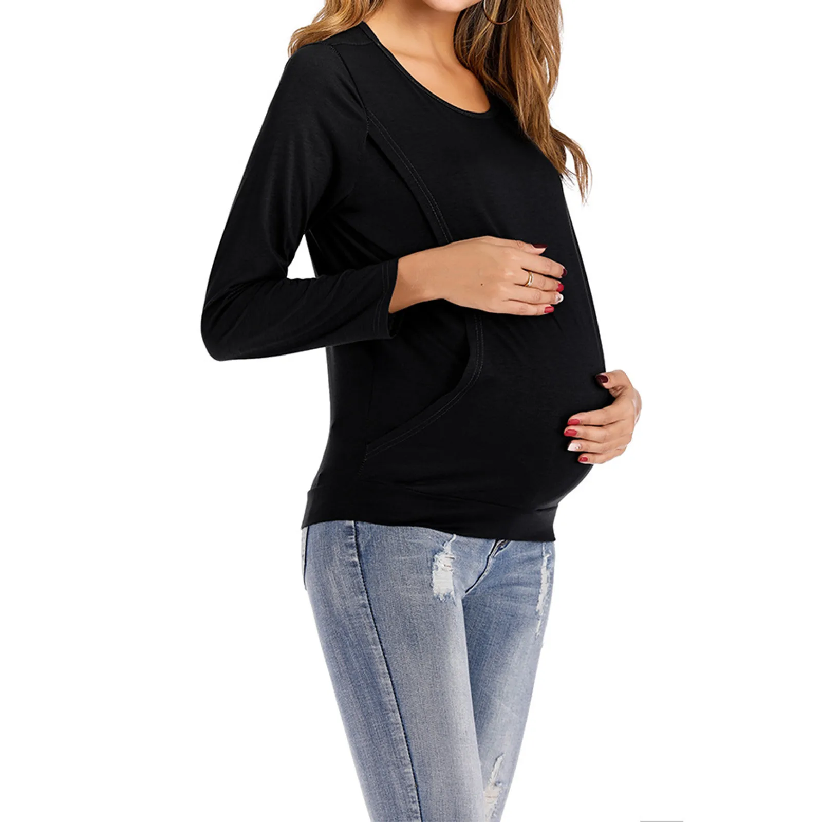 

Women Maternity Long Sleeve Nursing Top Clothes Cotton Round Neck Solid Color Maternity Breastfeeding T-shirt Pregnancy Clothing