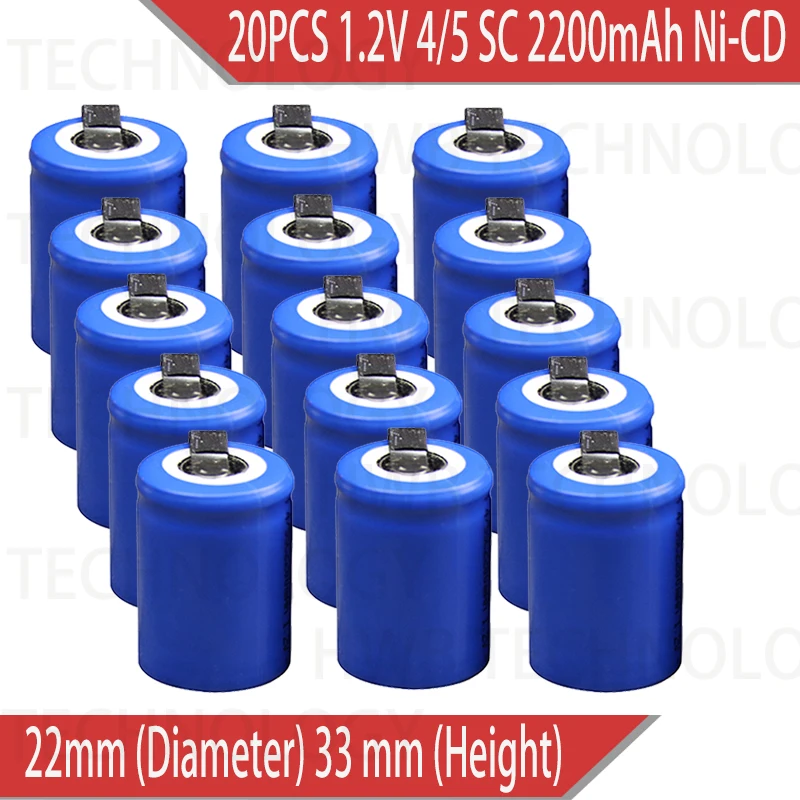 20 шт./лот Ni-Cd 1 2 V 2200mAh 4/5 SubC Sub 4/5SC аккумуляторная батарея с Tab-синий
