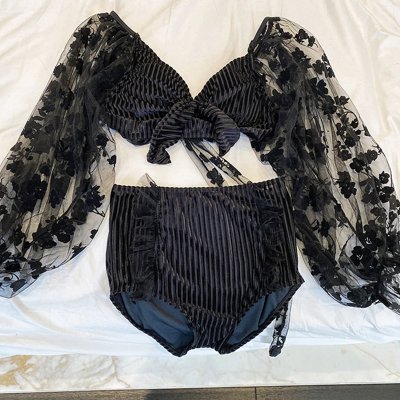 Women High Waisted Bikini Set Two Pieces Solid Swimsuit Padded Long Sleeves Beach Wear Summer Ladies Swimwear Bikini Set Maillot