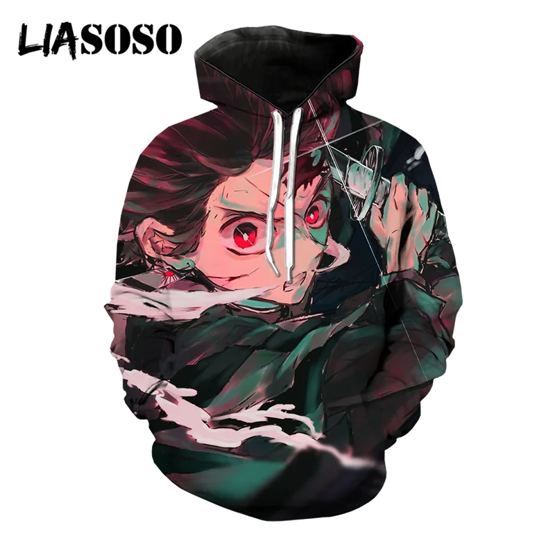 LIASOSO Japanese Anime Demon Slayer Hoodies Face Couple Hoodie Sword Pullover Sweatshirts Women Men 3D Print Streetwear Harajuku