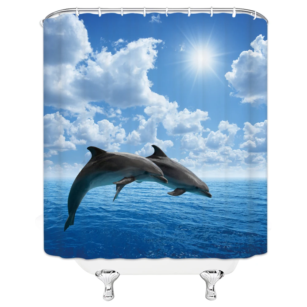 

Sea World Shower Curtain Set Ocean Dolphin Animal Waterproof Home Bathroom Decor Child Bath Curtains Cute Fishes Bathtub Decor