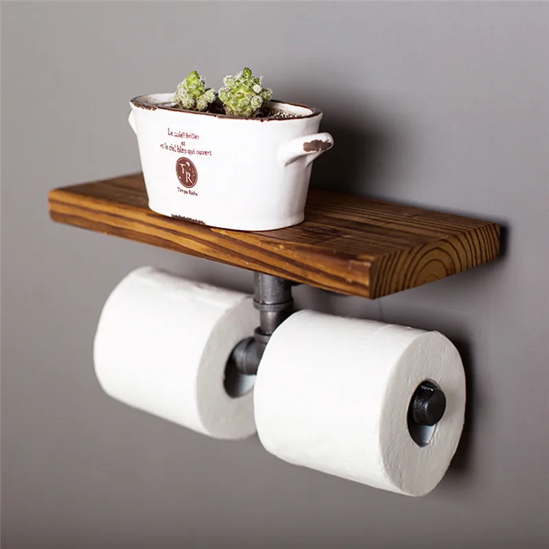 

Kitchen Paper Roll Holder Towel Hanger Rack Bar Hanging Holder Iron Pipe Toilet Paper Holders Wall Mount Wooden Storage Shelf