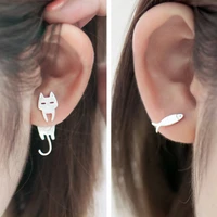 2 pieces silver color sweet cat fish stud earrings for women girl simple asymmetric animals shape earrings ear jewelry cute gift