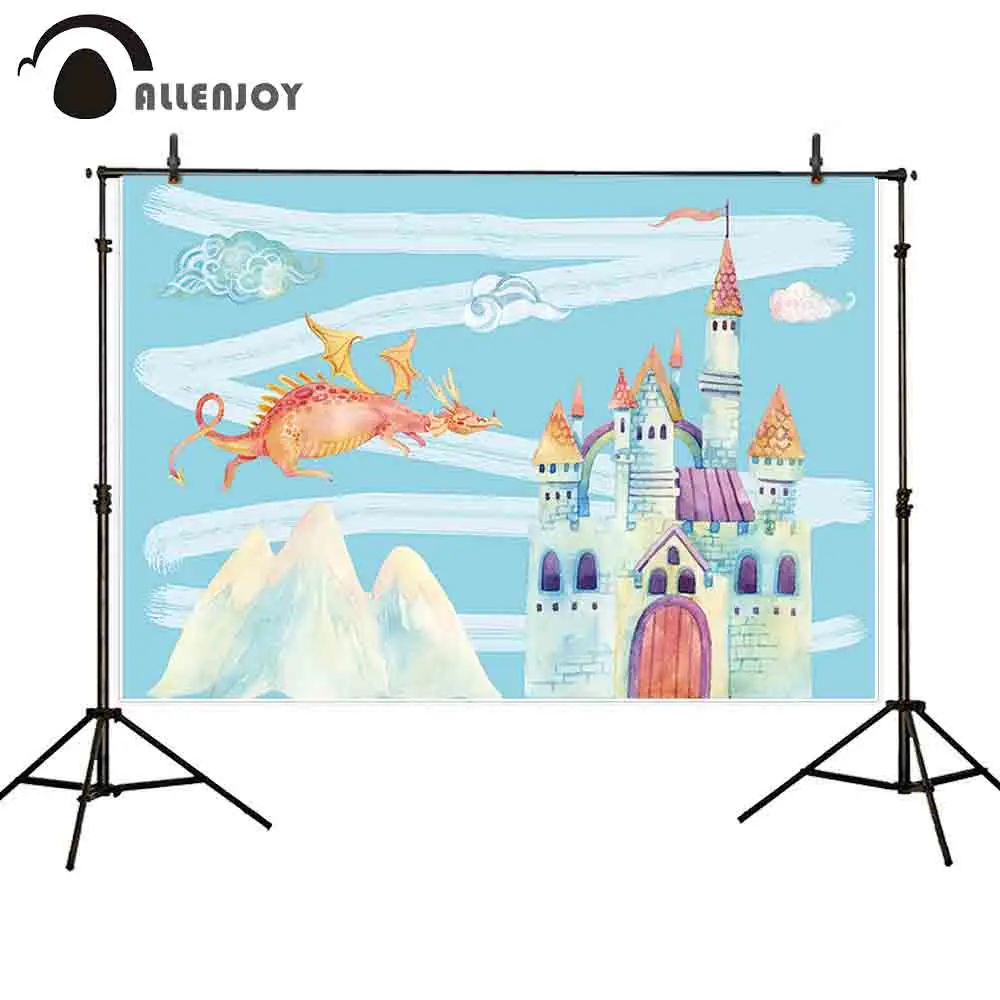 Фон Allenjoy для детского душа ткань замок горы облака маленький дракон акварель