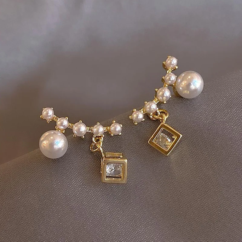 

925 Silver Needle Shining Full Diamond Pearl Earrings Temperament Earrings Square Geometric Earrings