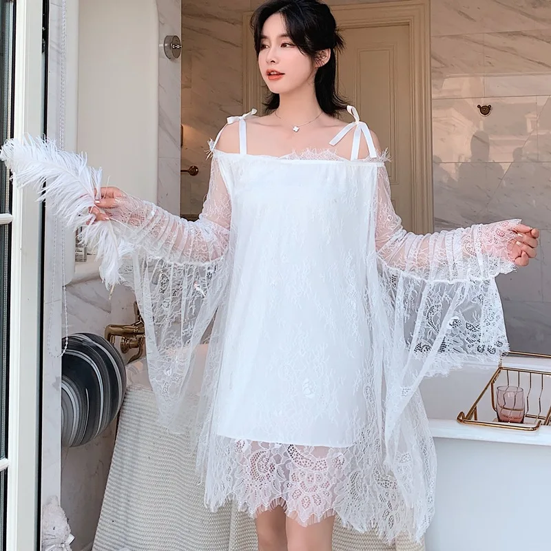 Весенне летняя одежда для сна Женская кружевная ночная рубашка принцессы с